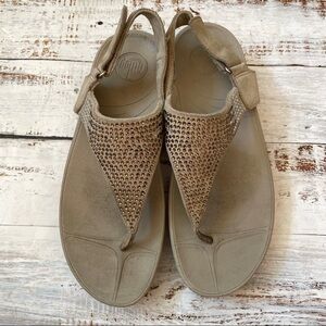 FITFLOP Sandal Flip Flops Taupe Grey & Rhinestone Velcro Back Strap Sz 9 Summer